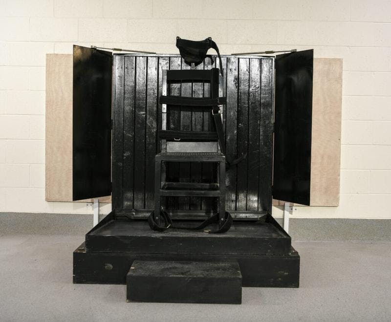 The chair used for firing squad executions is shown in the execution chamber at the Utah State Correctional Facility. Photo courtesy of the Utah State Department of Corrections, ICC. 