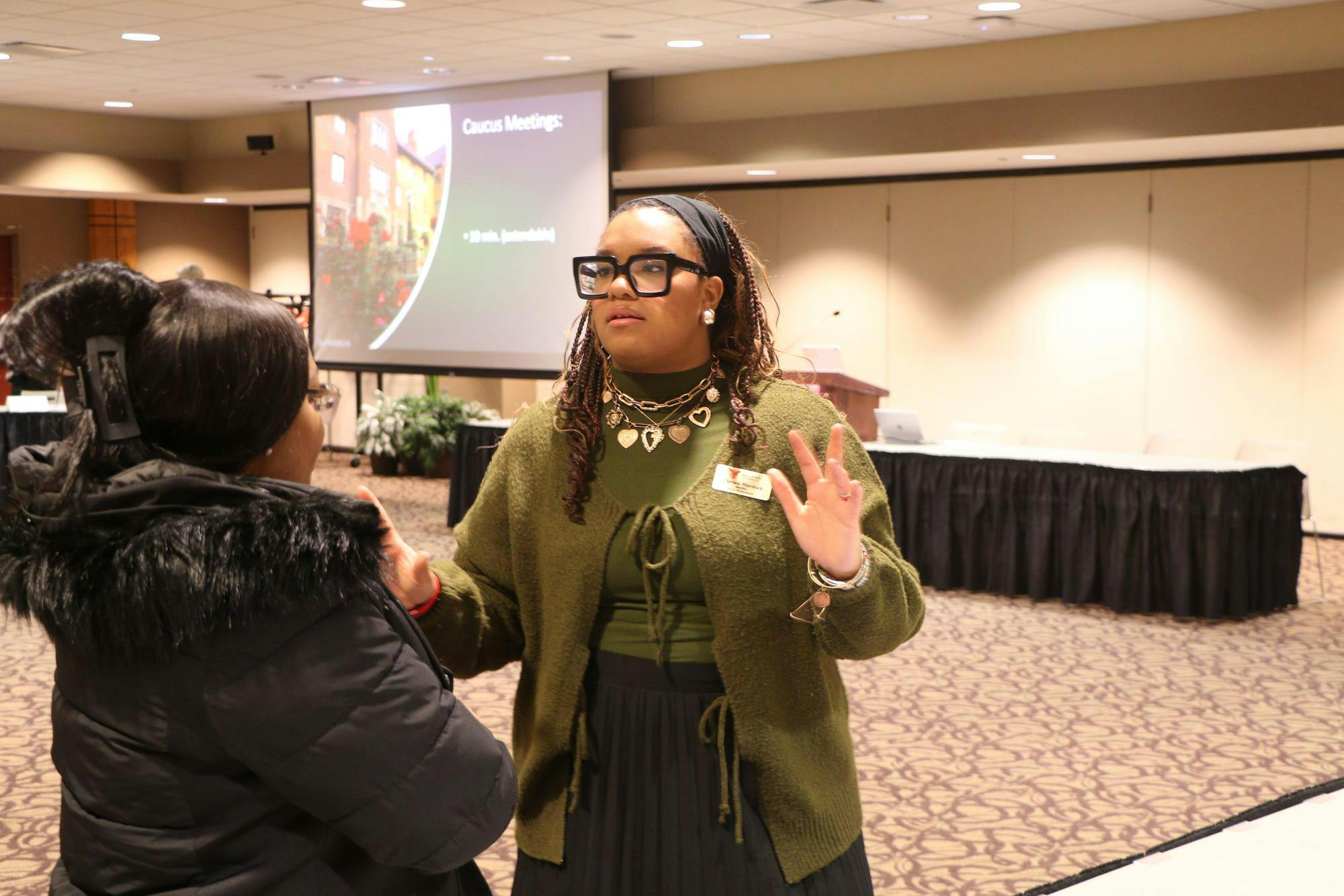 SGA President Chelsea Murdock asks a senator a question. Landon Jones, DN.