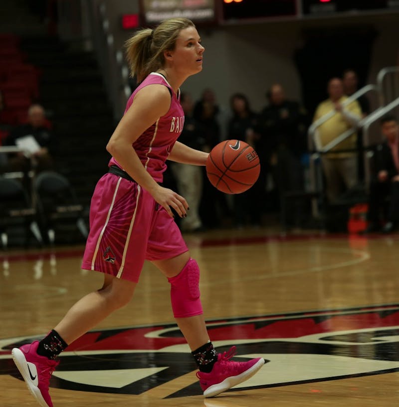 Sophomore guard Katie Helgason runs forward with the ball in the game against Northern Illinois in John E. Worthen Arena Feb. 9, 2019. The Cardinals fell to NIU 93-83. Scott Fleener, DN