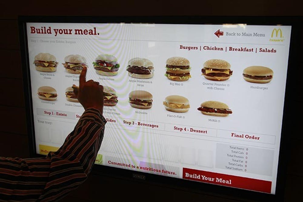 The touch-screen TV monitor, with information about McDonald&apos;s menu items, that Jonathan Chan installed at his McDonald&apos;s restaurant in Richardson, Texas, is pictured on Tuesday, March 06, 2012. (Michael Ainsworth/Dallas Morning News/MCT)