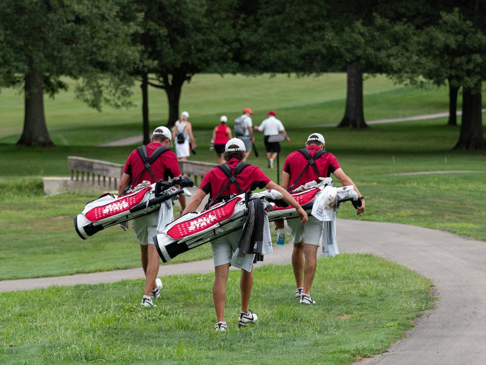 <p>Members of the Ball State Men&#x27;s Golf Team walk towards the fairway after teeing off from the second hole at the Earl Yestingmeier Invite Sep. 3 at the Delaware Country Club. Ball State started the day trailing Wright State by 5 strokes. Eli Houser, DN</p>