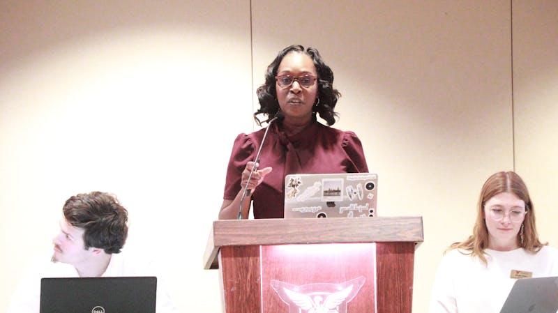 Vice President of Student Affairs Ro-Anne Royer Engle addresses students during the Student Government Association (SGA) meeting on Nov. 20 at the L.A. Pittenger Student Center. Engle's presentation discussed students as partners in university governance. Shelby Anderson, DN 