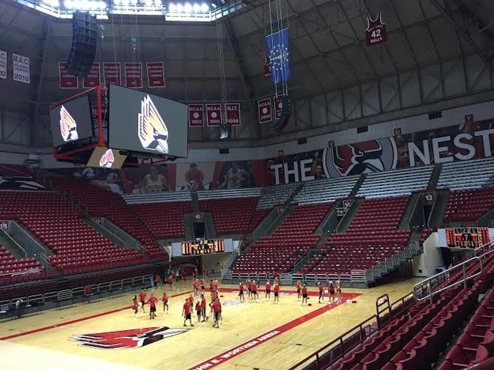 <p>Worthen Arena will feature a new, six-panel video board this year. The gym has also received a new floor, upgraded audio and new corner scoreboards over the summer. <em>DN PHOTO DAKOTA CRAWFORD</em></p>