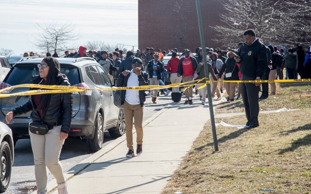 <p>Students at Frederick Douglass High School in Baltimore are evacuated after a 56-year-old staffer was shot inside on February 7, 2019. A study by Jagdish Khubchandani and James Price indicates that school security measures may not be worth the costs schools pay. <strong>Ulysses Munoz, TNS PHOTO</strong>.</p>
