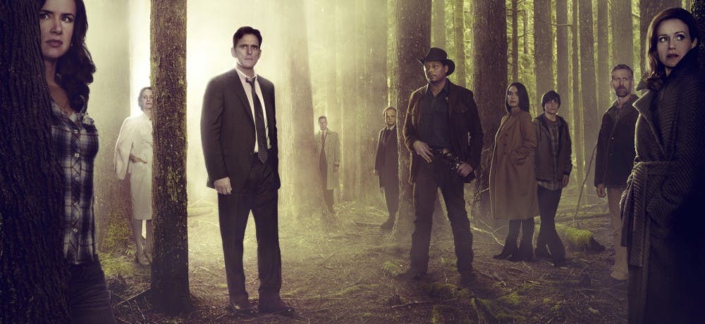 WAYWARD PINES:  L-R:  Juliette Lewis, Melisa Leo, Matt Dillon, Tim Griffin, Toby Jones, Terrence Howard, Shannyn Sossamon, Charlie Tahan, Reed Diamond and Carla Gugino.  ©2014 Fox Broadcasting Co.  Cr:  Frank Ockenfels/FOX