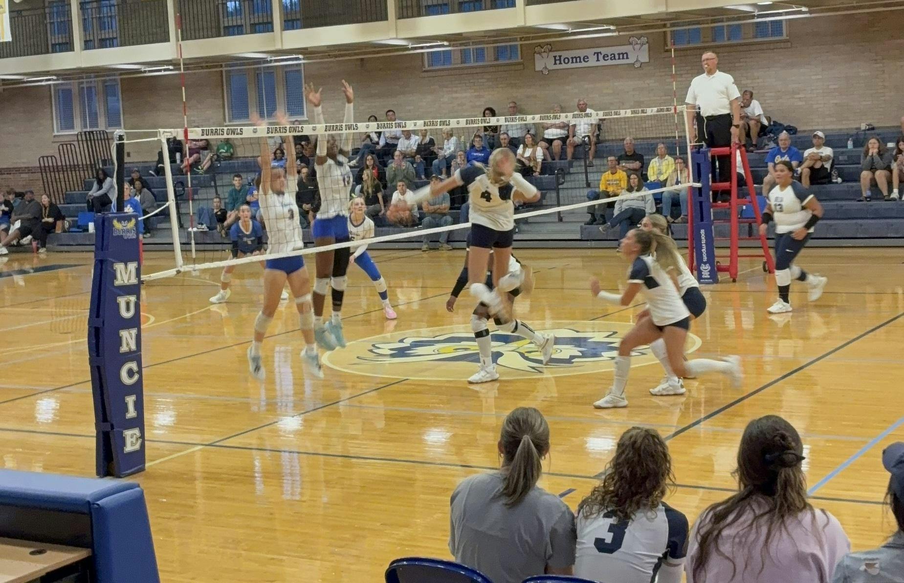Delta’s Baylee Rich (4) elevates for a spike against the Muncie Burris defense on Sept. 10 at Ball Gymnasium in Muncie, Ind. The Eagles took the third set but couldn’t maintain momentum in the 3-1 loss. (Photo by Jacquelen Madden)
