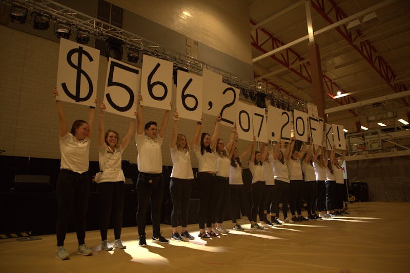 Students hold up signs to reveal the final fundraising amount Feb. 15, 2020, at Jo Ann Gora Recreation Center. The Ball State Dance Marathon event raised $566,207.20 for Riley Children's Hospital. Jaden Whiteman, DN