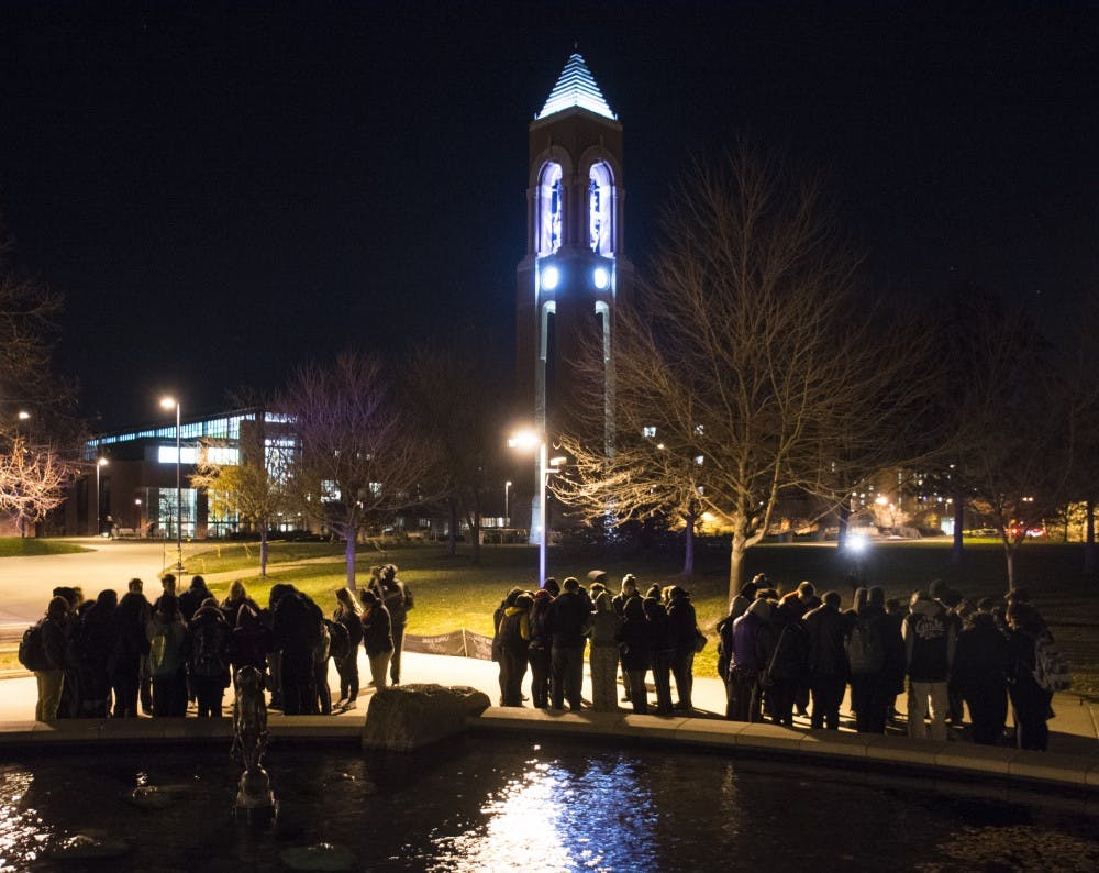 More than 70 Ball State students and faculty joined at the Frog Baby fountain for a prayer vigil on Nov. 12&nbsp;to show support for recent incidents of racial conflict at the University of Missouri. The gathering was led by members of Impact, a local movement based on Christian leadership in the African American community. DN PHOTO SAMANTHA BRAMMER