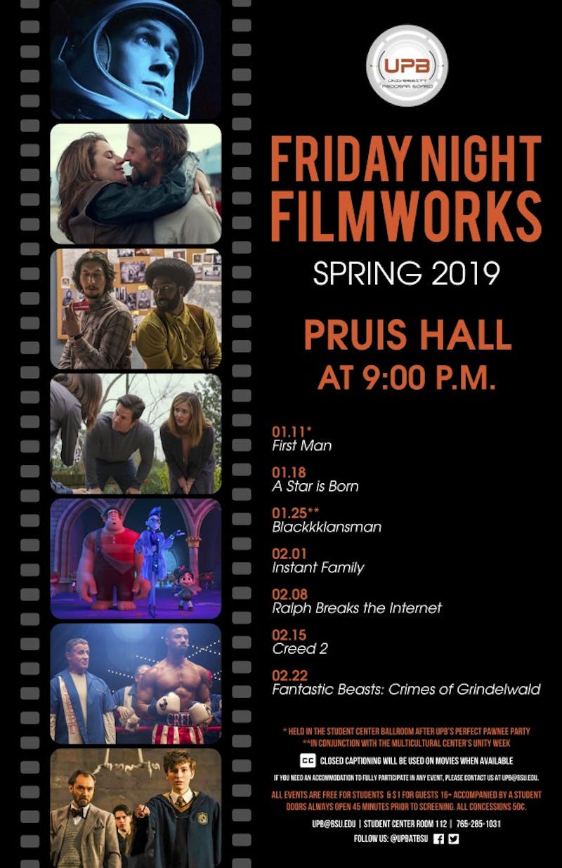 The University Program Board has listed its schedule for the spring 2019 semester. The films will be showed Friday nights at 9 p.m. in Pruis Hall. 