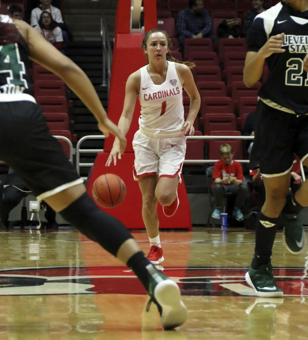 <p>Ball State freshman guard Abi Haynes brings the ball down the court during the Cardinals' game against Cleveland State Nov. 11, 2018, in John E. Worthen Arena. Ball State won 67-62. <strong>Paige Grider, DN</strong></p>