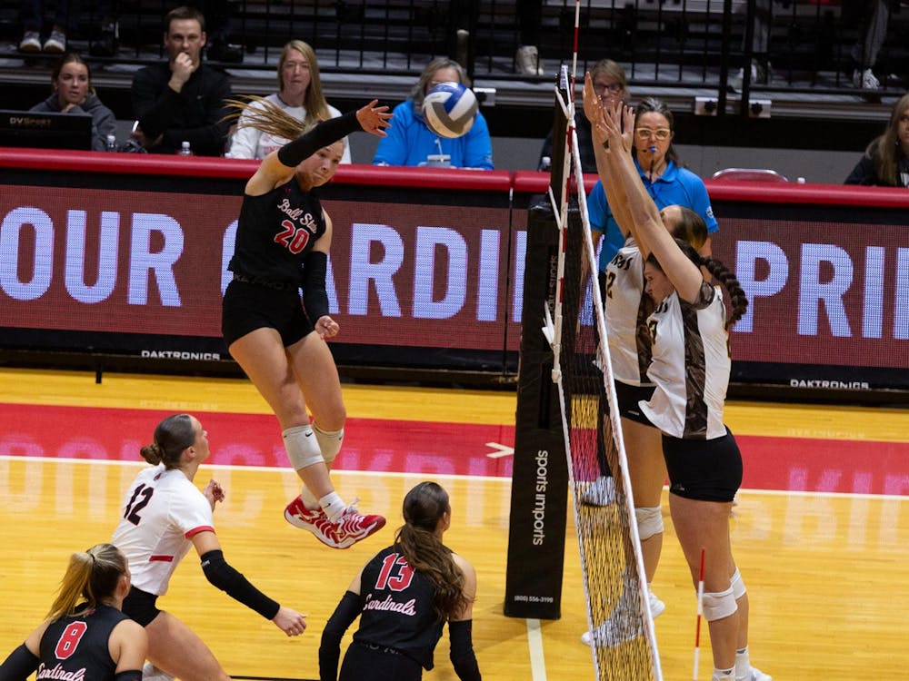 Freshman outside hitter Carson Tyler spikes the ball against Western Michigan Nov. 16 at Worthen Arena. Tyler scored 14.5 points in today's match. Jayce Blane, DN