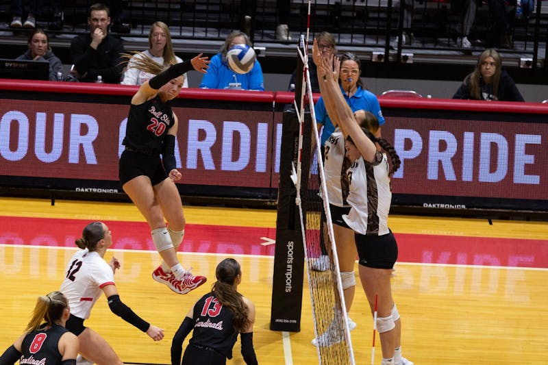 Freshman outside hitter Carson Tyler spikes the ball against Western Michigan Nov. 16 at Worthen Arena. Tyler scored 14.5 points in today's match. Jayce Blane, DN