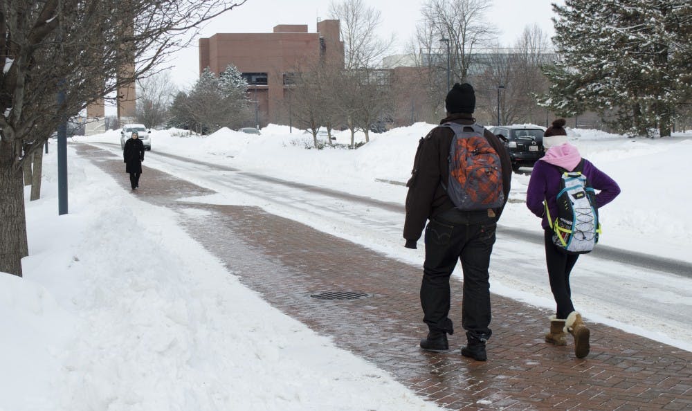 Students walk down the sidewalk on McKinley Avenue on Feb. 5. Classes were canceled until noon on Feb. 5 because of the winter storm. DN PHOTO BREANNA DAUGHERTY