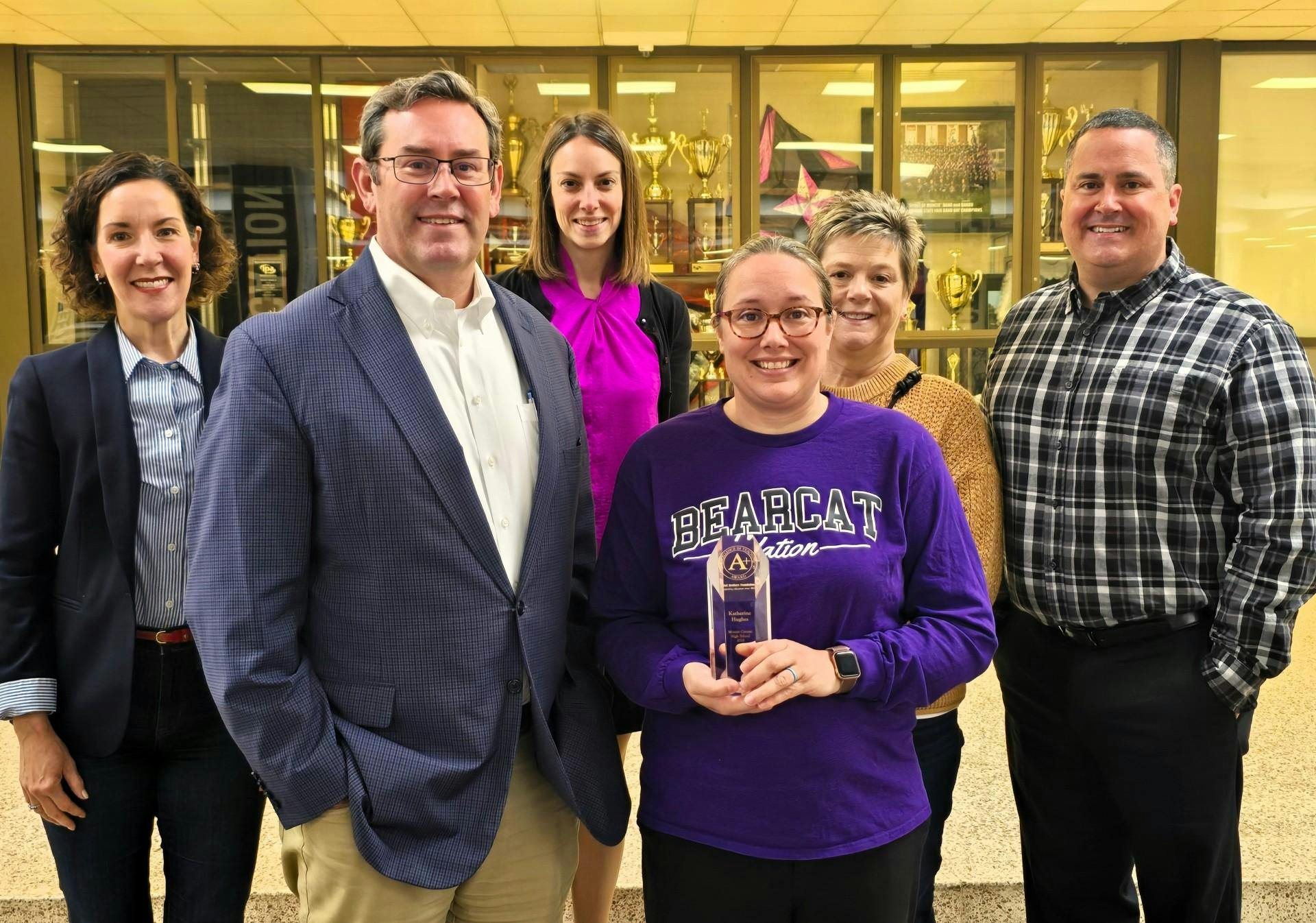Katherine Hughes (center), a social studies teacher at Muncie Central High School, is recognized as the 2026 Ball Brothers Foundation Excellence in Teaching Award recipient. Ball Brothers Foundation, Photo Provided