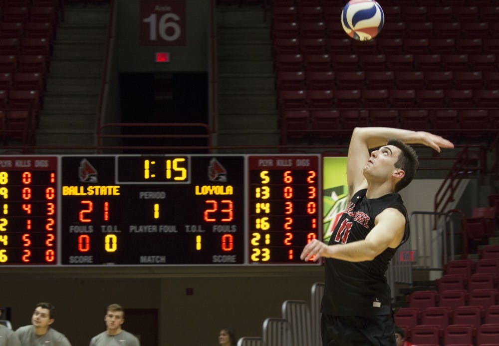 <p>Ball State men’s volleyball player Mitch Weiler serves the ball during the first game against Loyola University on Feb. 17 at John E. Worthen Arena. Weiler had 14 kills, three assists, and 12 digs during the four games. <strong>Briana Hale, DN</strong></p>