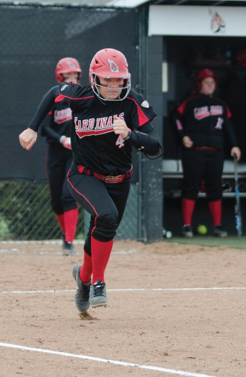 Sophomore Emily Dabkowski runs to first base during the game against Toledo on April 6 at the Ball State Softball Complex. In a game April 11, Dabwoski hit a seventh inning grand slame that helped the team gain a MAC win.  DN FILE PHOTO BREANNA DAUGHERTY