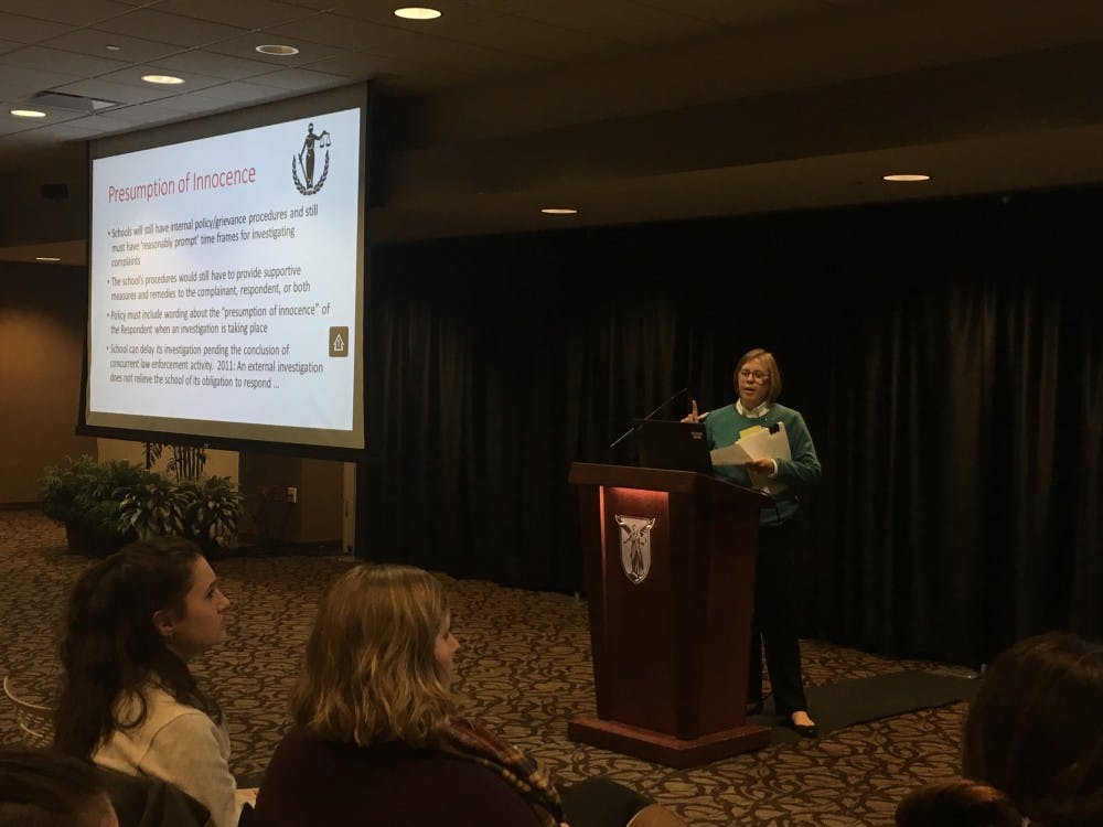 Katie Slabaugh, associate dean of students and Title IX coordinator, talks about presumption of innocence changes to Title IX by the Department of Education Wednesday, Jan. 16 in the L.A. Pittenger Student Center. The panel featured talks from three different Ball State faculty members. Andrew Harp, DN