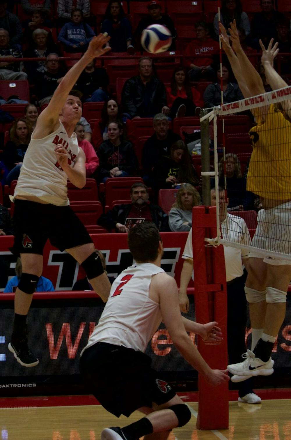 Ball State's mens volleyball team competed against Quincy March 31 in John E. Worthen Arena. The Cardinals won 3-0.&nbsp;