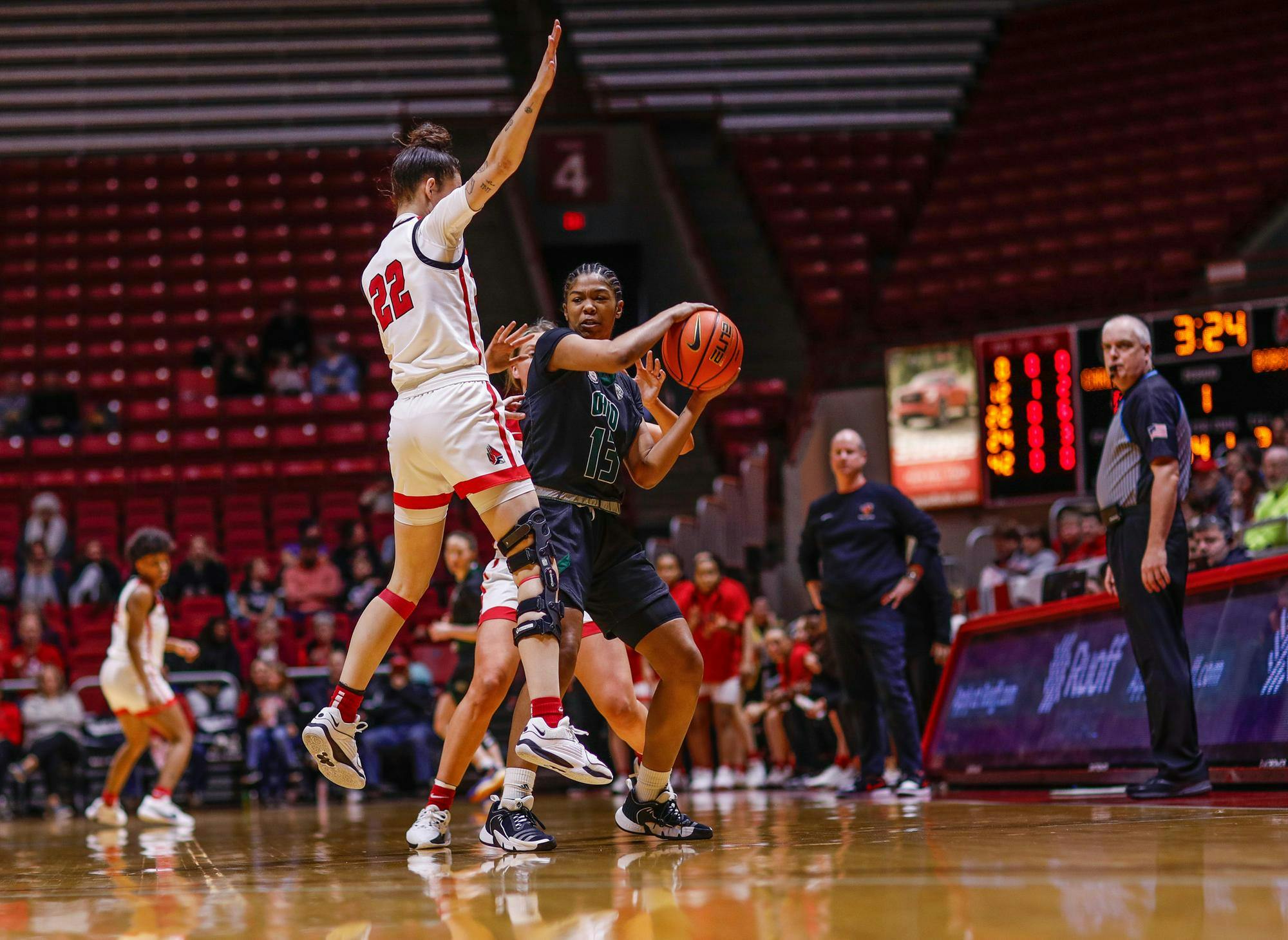 Senior Estel Puiggros defends a Bobcat against Ohio Feb. 3 at Worthen Arena. Puiggros had 14 points in the first half of the game. Andrew Berger, DN 