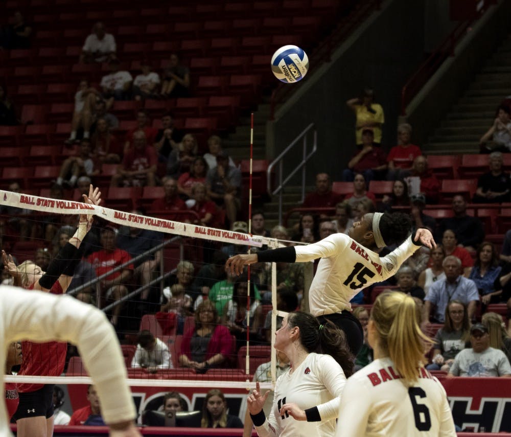<p>MyKel Ivy (15) prepares to hit the ball during the Ball State Women’s Volleyball game against Austin Peay Sept. 20, 2019. Ball State won, 3-0. <strong>Jaden Whiteman, DN</strong></p>