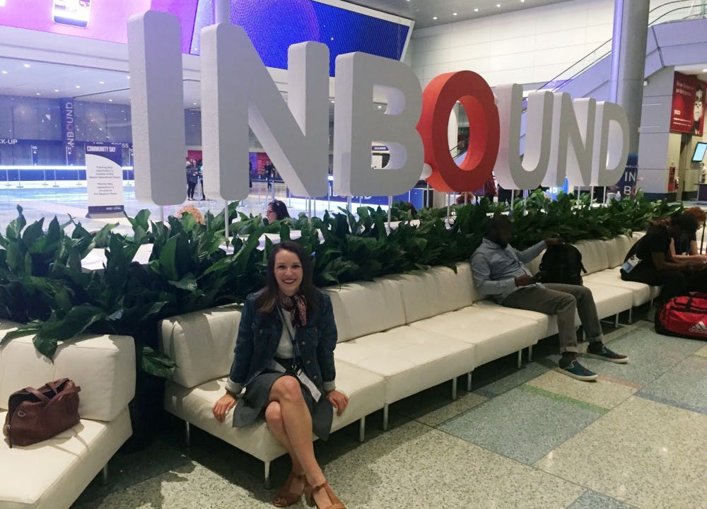 <p>Emily Halley sits at the Hubspot Inbound Conference in September 2017, which she attended for Olympus. She was able to see Michelle Obama and many other leaders during the conference. <strong>Emily Halley, Photo Provided</strong></p>