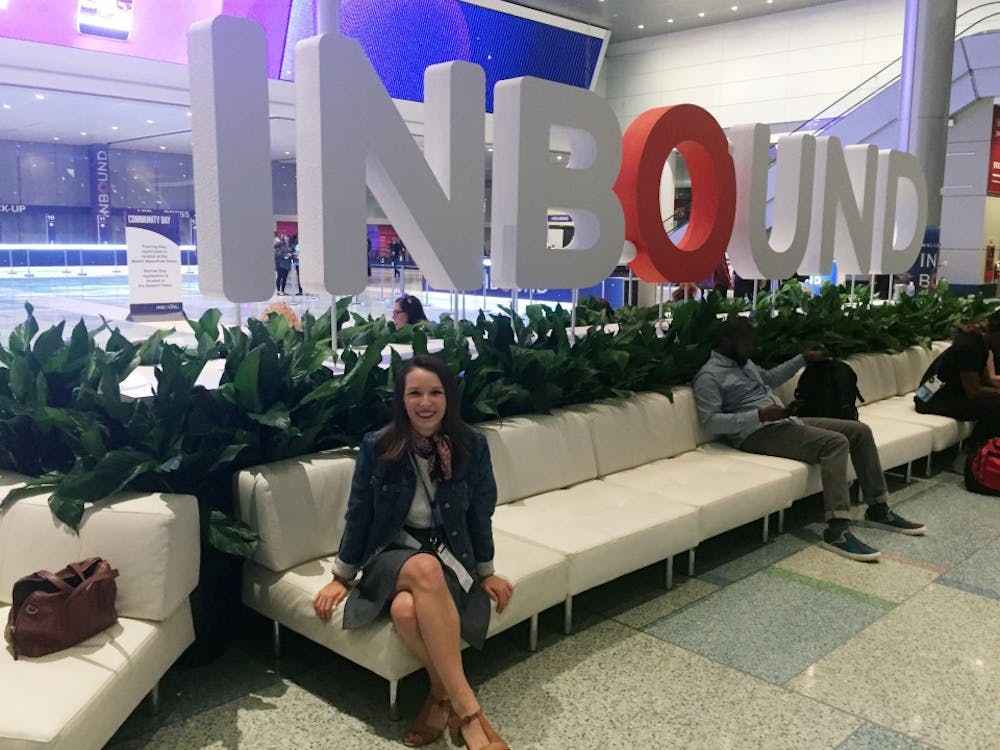 Emily Halley sits at the Hubspot Inbound Conference in September 2017, which she attended for Olympus. She was able to see Michelle Obama and many other leaders during the conference. Emily Halley, Photo Provided