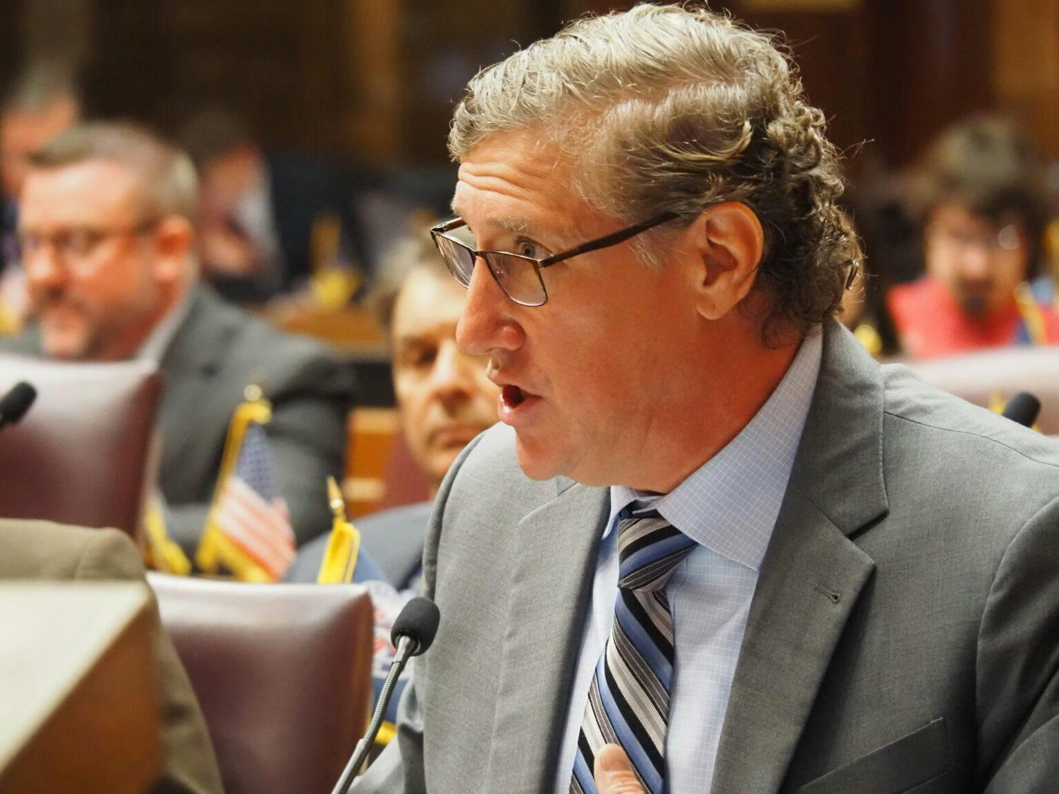 Rep. Ben Smaltz, R-Auburn, introduces his congressional redistricting bill during committee on Tuesday, Dec. 2, 2025. (Leslie Bonilla Muñiz/Indiana Capital Chronicle)