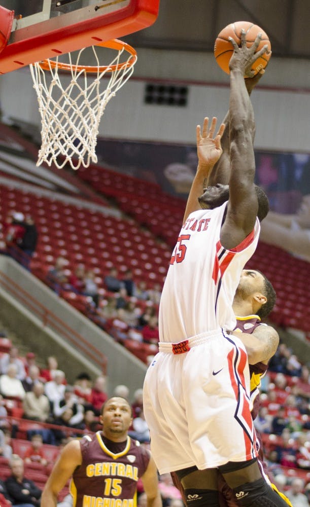 Senior center Majok Majok attempts a dunk March 1 at Worthen Arena. Majok had 14 points and 14 rebounds.  DN PHOTO BREANNA DAUGHERTY 