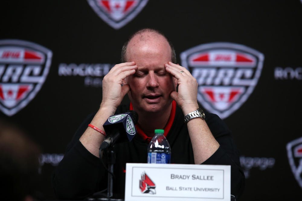Ball State head coach Brady Sallee talks to media March 15 after a game against Kent State at Rocket Mortgage Fieldhouse in Cleveland, Ohio. The Cardinals fell to the Golden Flashes 65-50 .Zach Carter, DN.
