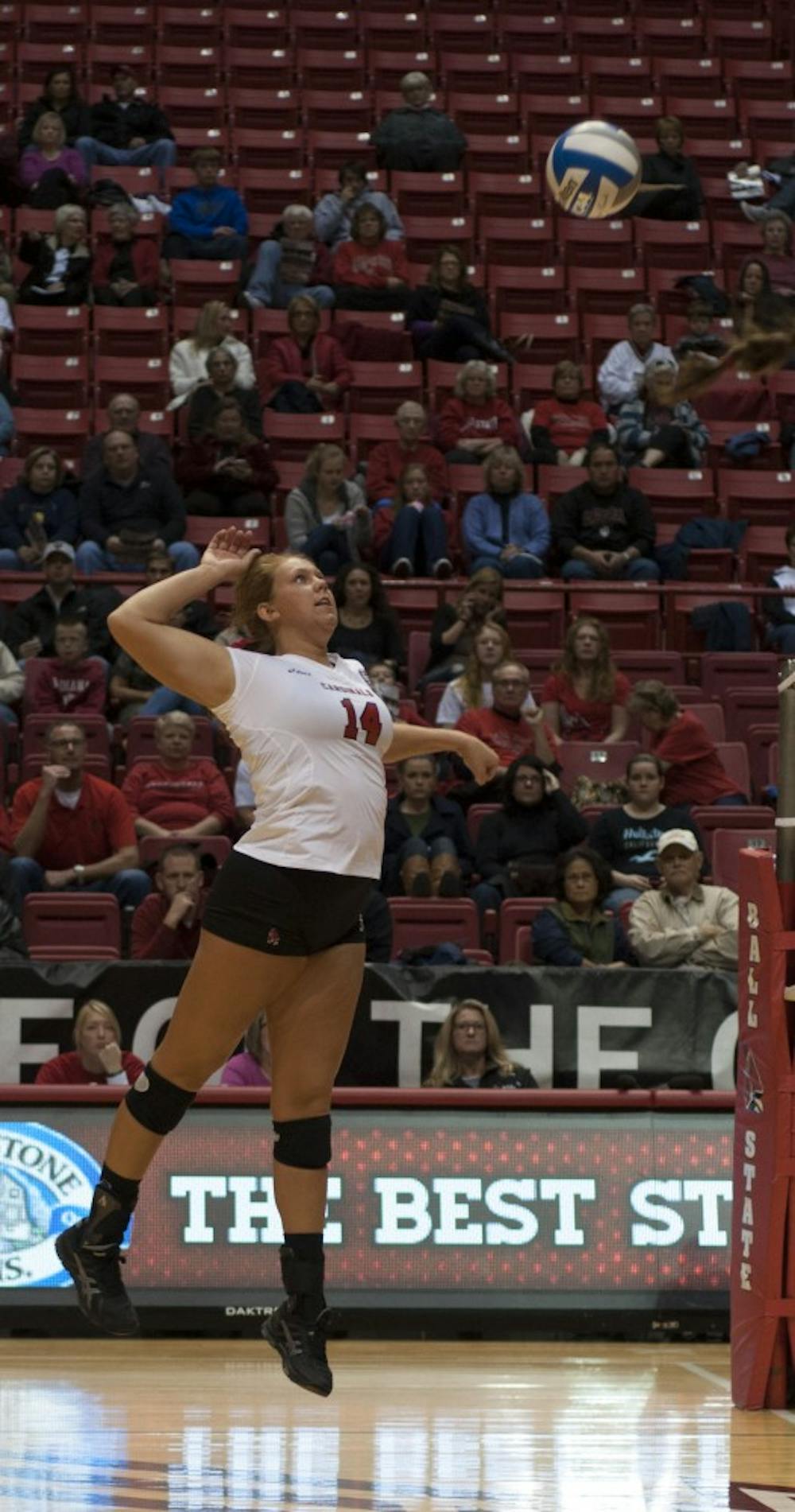 Sophomore middle hitter Kelly Hopkins prepares to hit the ball against Bowling Green State University on Oct. 25 at Worthen Arena. DN PHOTO MATT McKINNEY