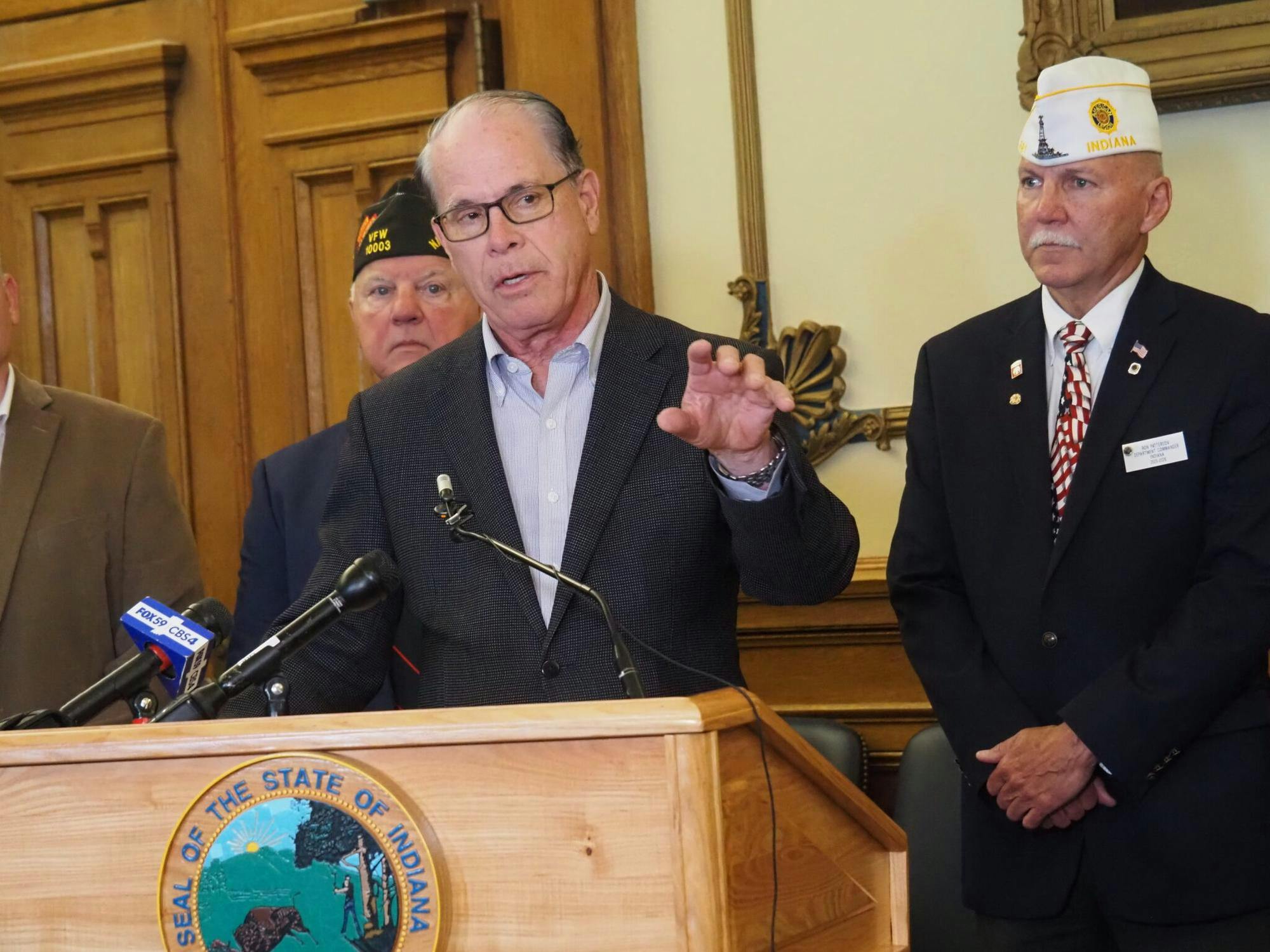 Indiana Gov. Mike Braun speaks at a property tax news conference at the Statehouse on Wednesday, May 27, 2026. (Photo by Leslie Bonilla Muñiz/Indiana Capital Chronicle)