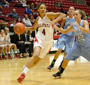 DN FILE PHOTO COREY OHLENKAMP Freshman Nathalie Fontaine drives past the Oakland defense Wednesday evening. The Cardinals will be at home against Evansville on Friday evening. 