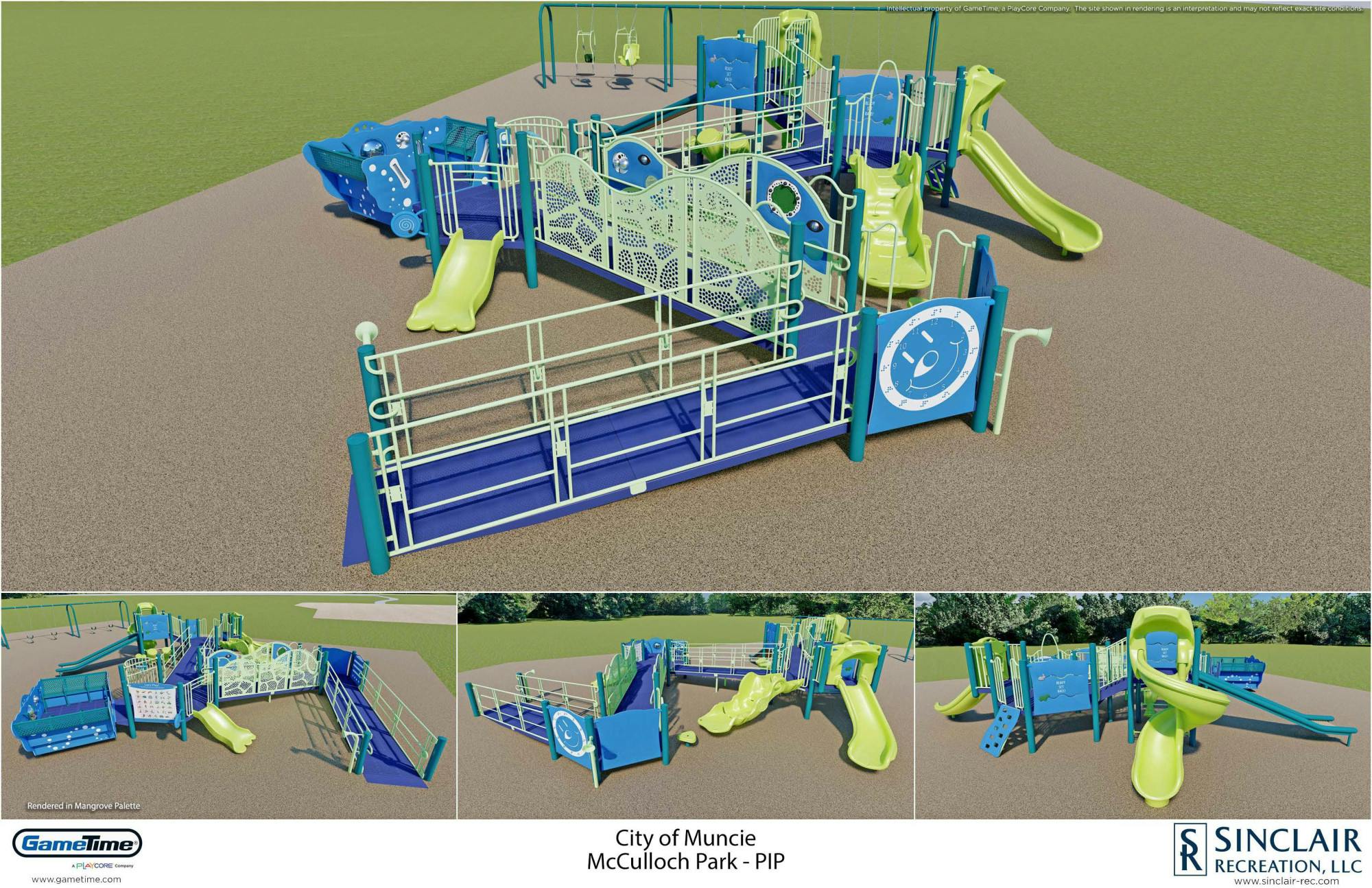 The proposed design of McCulloch Park, featuring accessible ramps and swing sets. Rendering by Sinclair Recreation, LLC. George Foley Jr., Photo Provided