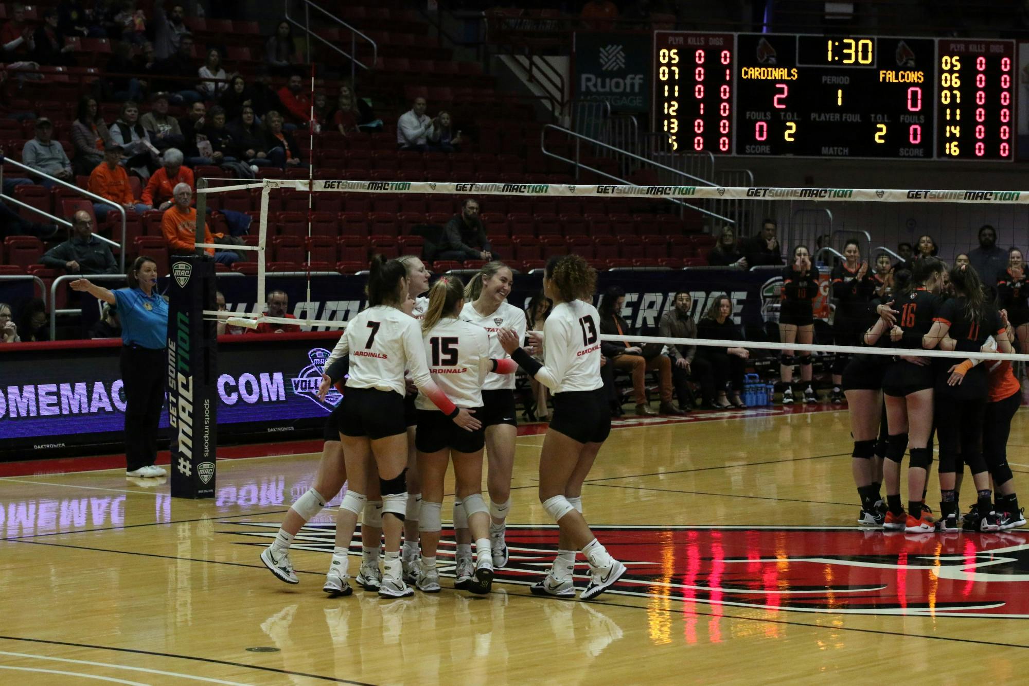 Ball State celebrates a point in a MAC conference championship match against Bowling Green Nov. 22 at Worthen Arena. The Cardinals fell to Bowling Green 3-2 after going to a fifth set. Olivia Ground, DN