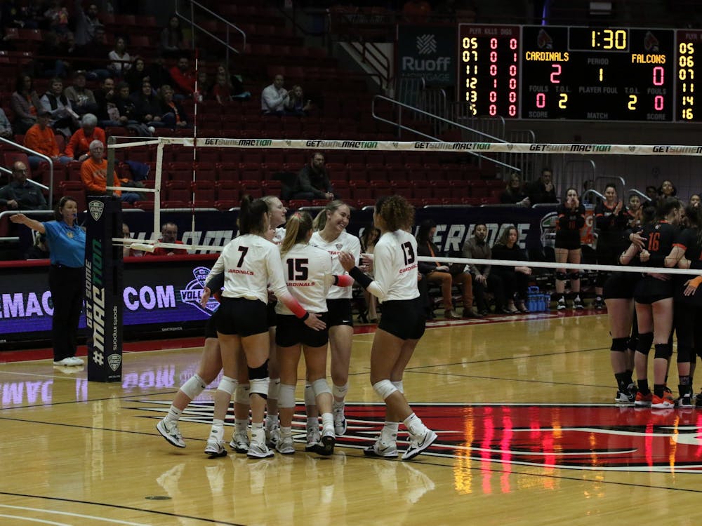 Ball State celebrates a point in a MAC conference championship match against Bowling Green Nov. 22 at Worthen Arena. The Cardinals fell to Bowling Green 3-2 after going to a fifth set. Olivia Ground, DN