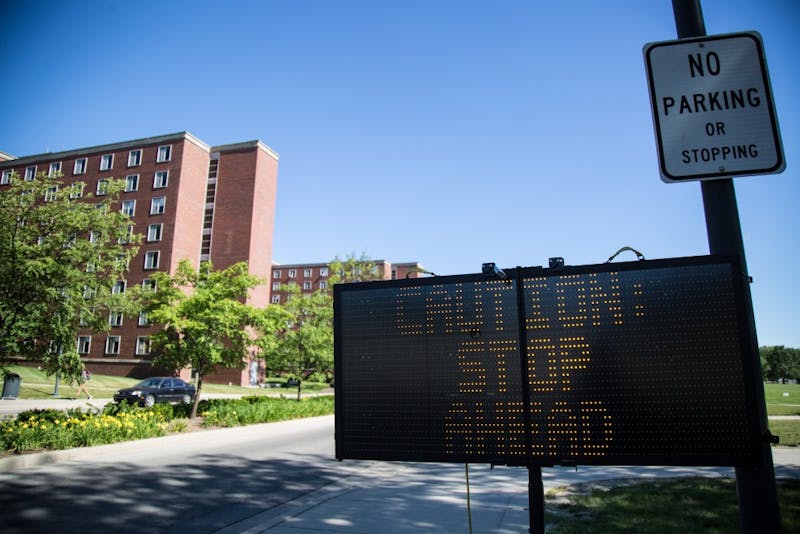 New stop signs have been added as a precaution during the demolition of the LaFollette Complex. Reagan Allen // DN