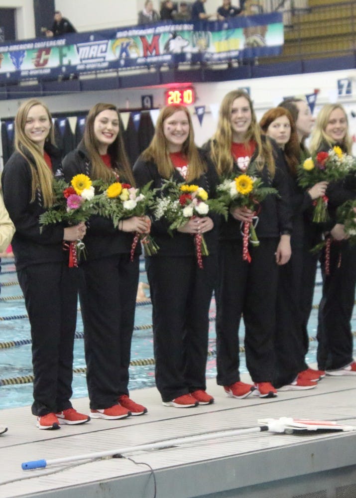 Seven members of Ball State Women's Swim and Dive are recognized during the Mid-American Conference Championships March 2, 2019, in Akron, Ohio. The Cardinals finished in last place. Patrick Murphy, DN