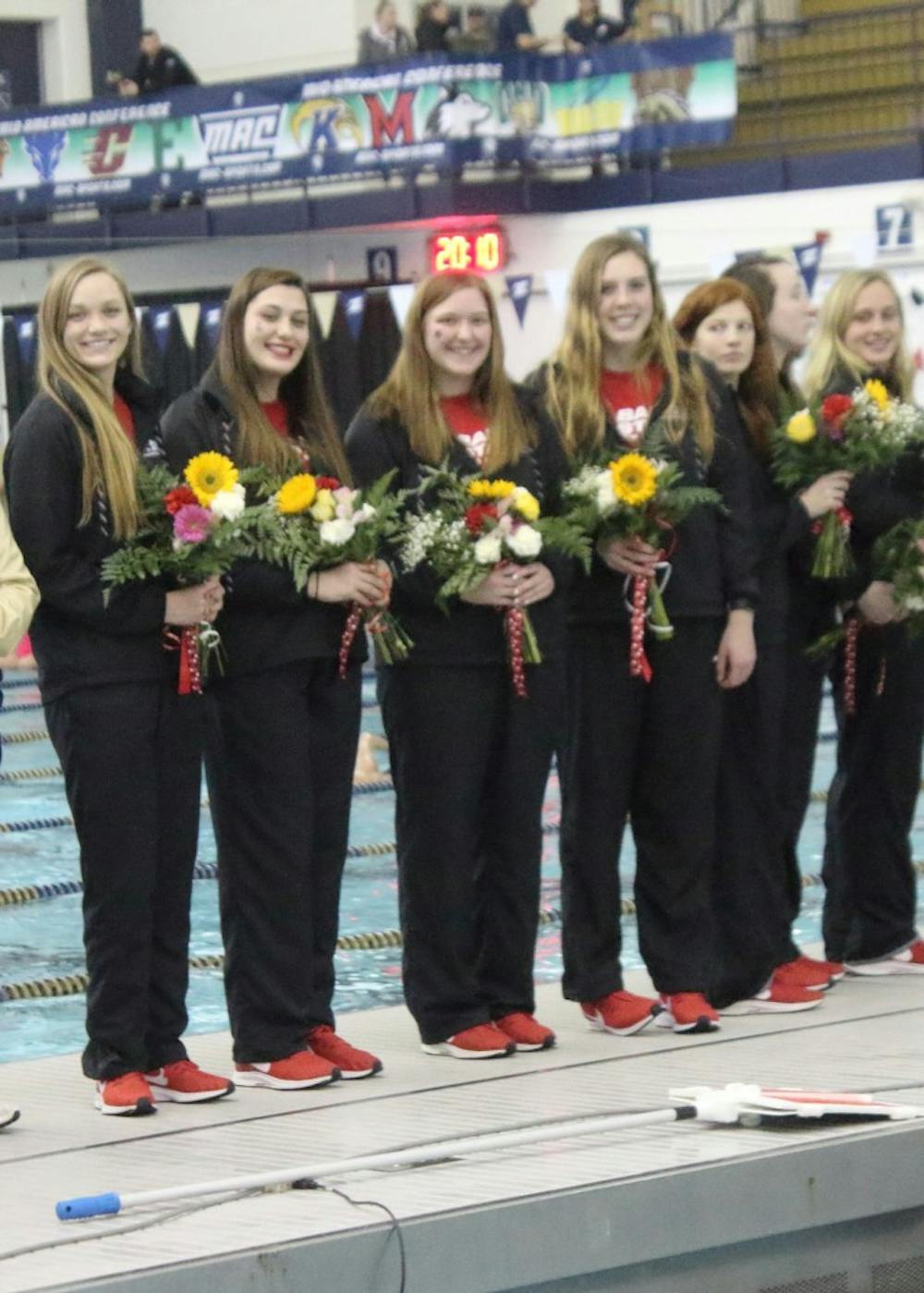 <p>Seven members of Ball State Women's Swim and Dive are recognized during the Mid-American Conference Championships March 2, 2019, in Akron, Ohio. The Cardinals finished in last place. <strong>Patrick Murphy, DN</strong></p>