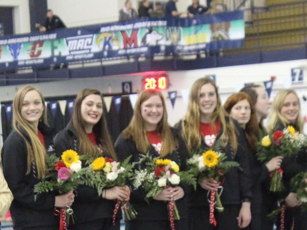 Seven members of Ball State Women's Swim and Dive are recognized during the Mid-American Conference Championships March 2, 2019, in Akron, Ohio. The Cardinals finished in last place. Patrick Murphy, DN