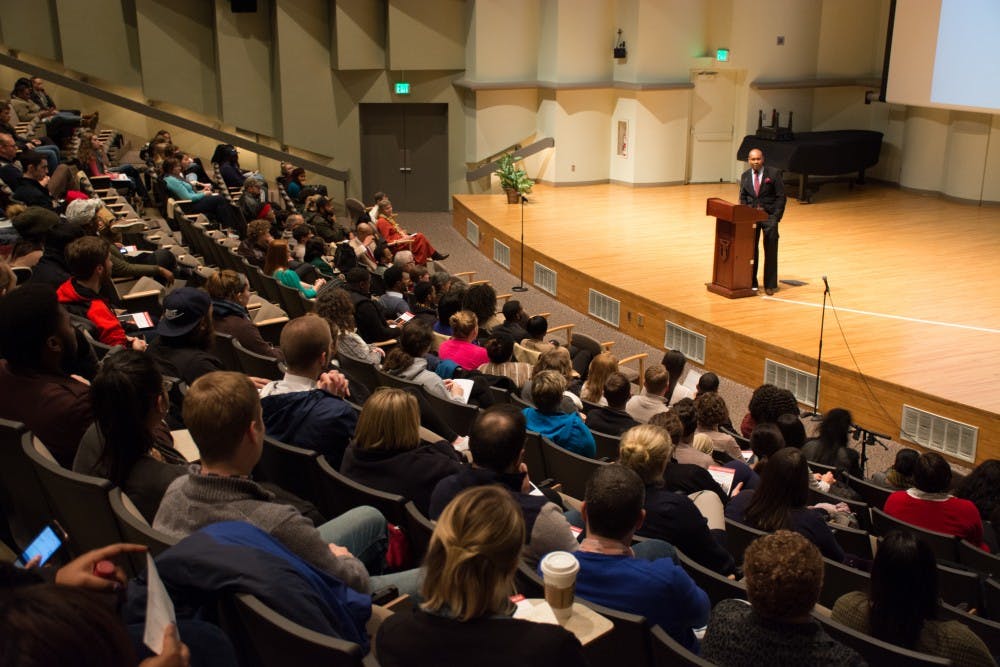 Political activist and MLK speaker, Kevin Powell, speaks about equality and human rights on Jan. 17 in John J. Pruis Hall. His presentation was part of Ball State's 37th annual Unity Week hosted by the Multicultural Center and Muncie Community MLK Planning Commitee. Kaiti Sullivan // DN