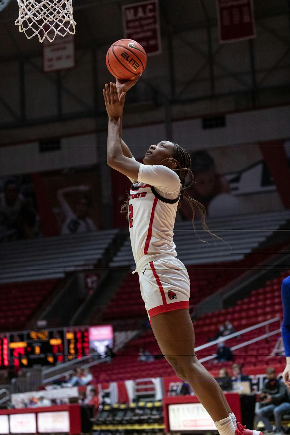 Graduate Student Chyna Latimer (2) drives toward the basket for a layup Feb. 16 at Worthen Arena. Latimer led the Cardinals going into the half with 8 points, 3 rebounds and 1 assist. Eli Houser, DN