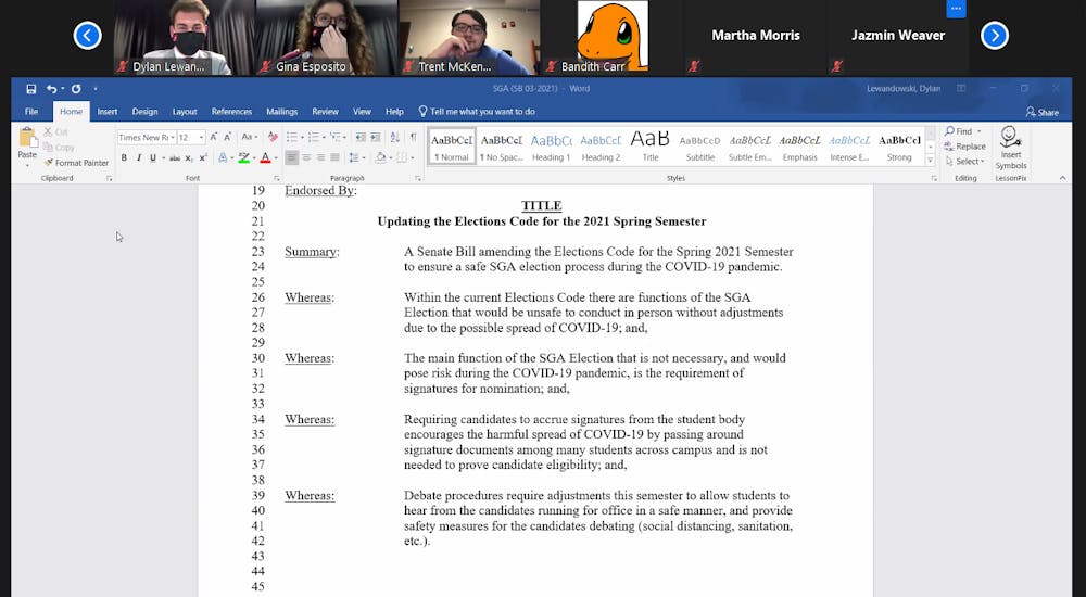 <p>Ball State SGA senators look over the proposed updates to the elections code at the optional in-person meeting on Feb 3. The code passed 31-0, with one abstention. <strong>Maya Wilkins, Screenshot Capture.</strong></p>