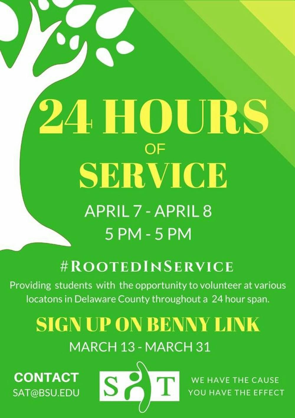 <p>The Ball State Student Action Team is hosting their annual 24 hours of service April 8 and 9.&nbsp;Today marks the deadline for volunteer applications. The first 100 volunteers get a free T-shirt. Student Action Team Facebook // Photo Courtesy</p>