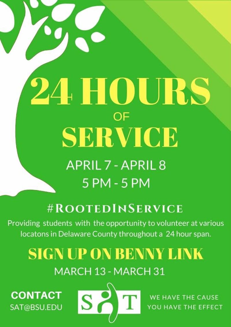 The Ball State Student Action Team is hosting their annual 24 hours of service April 8 and 9.&nbsp;Today marks the deadline for volunteer applications. The first 100 volunteers get a free T-shirt. Student Action Team Facebook // Photo Courtesy