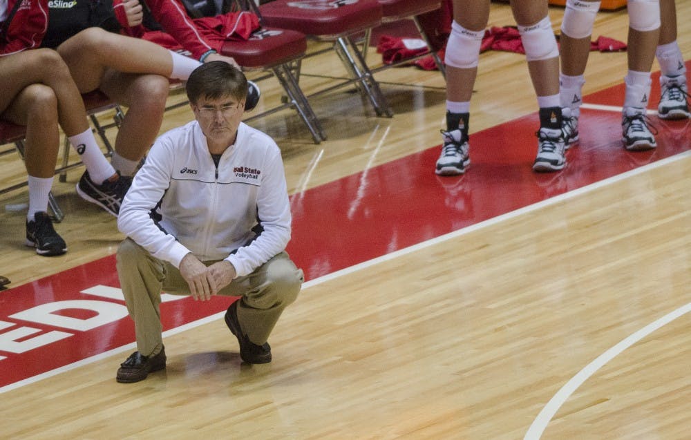 Head coach Steve Shondell looks on as his team plays in the second game of the Active Ankle Tournament against Belmont on Aug. 28 at Worthen Arena. DN PHOTO BREANNA DAUGHERTY