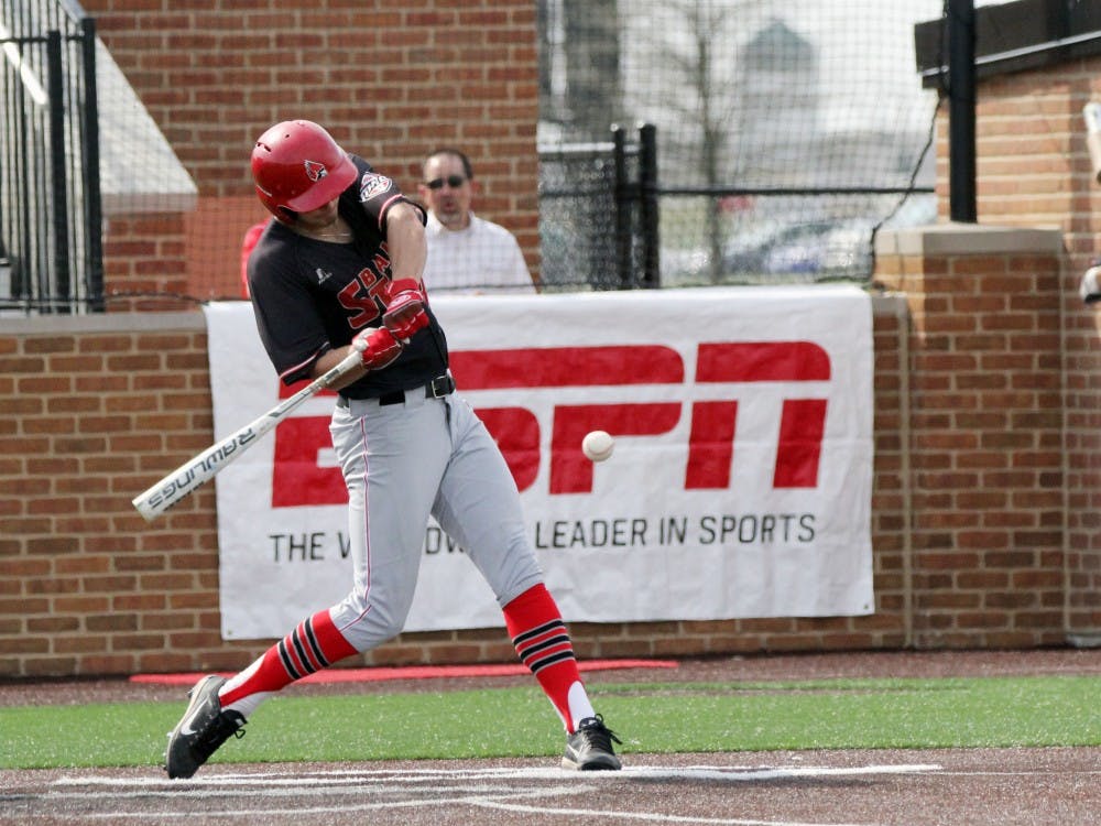 Senior center fielder Matt Eppers leads off the fifth with a single during the Cardinals’ game against Bowling Green on April 14 at Ball Diamond at First Merchants Ballpark Complex. Ball State had 12 hits and seven runs. Paige Grider // DN