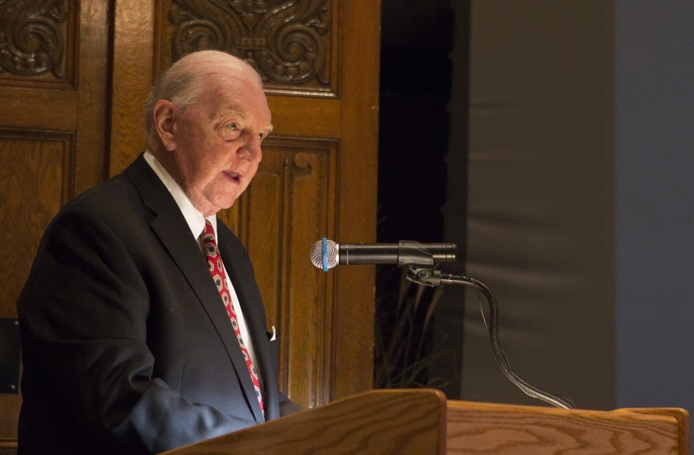 David T. Owsley gives a speech memorializing his grandparents on Nov. 4, 2016, at Ball State University. David T. Owsley passed away in New York City on Aug. 23 at age 96. 