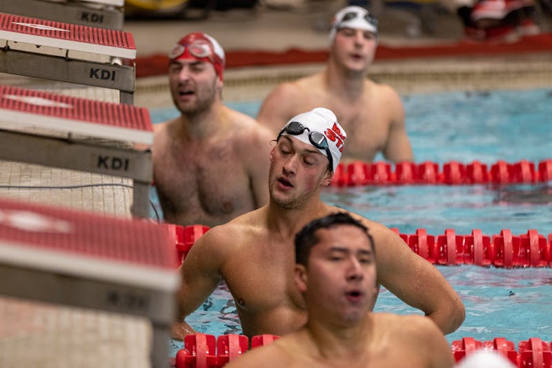 Ball State Sophomore, Ryan Short gathers his breath after finishing the Men's 100-meter butterfly Nov. 2, 2019, at Lewellen Aquatic Center. He finished 3rd in the event out of 6 swimmers. Paul Kihn, DN