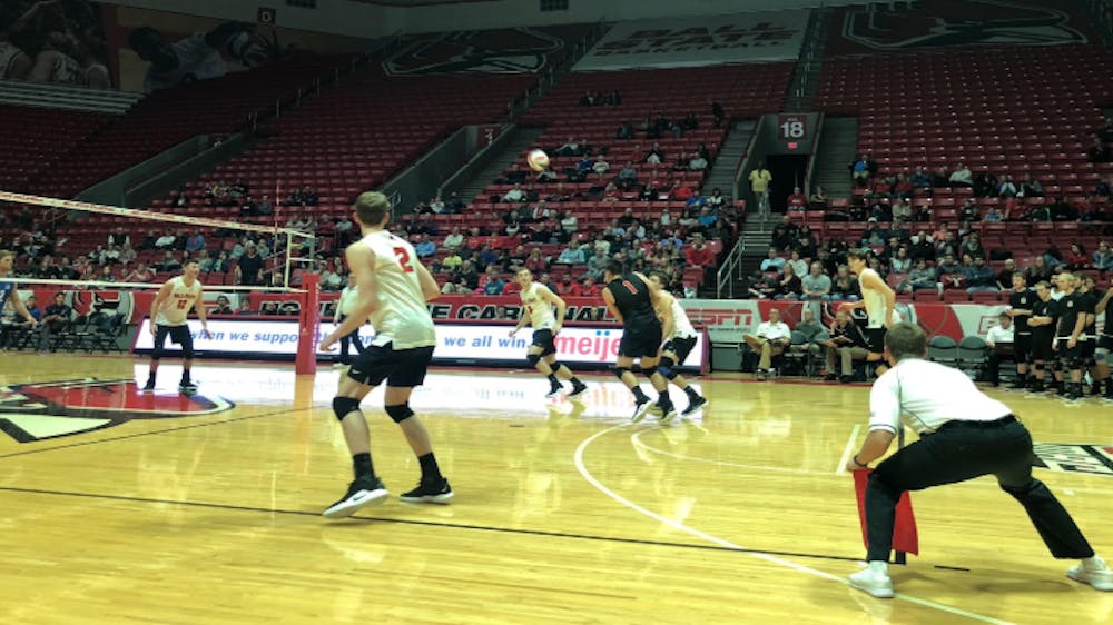 <p>Ball State Men's Volleyball players return a serve during their match against UC Santa Barbara Friday, Jan. 18 in John E. Worthen Arena. The Cardinals fell 3-2 in five sets. <strong>Connor Smith, DN</strong></p>