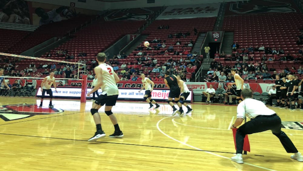 Ball State Men's Volleyball players return a serve during their match against UC Santa Barbara Friday, Jan. 18 in John E. Worthen Arena. The Cardinals fell 3-2 in five sets. Connor Smith, DN